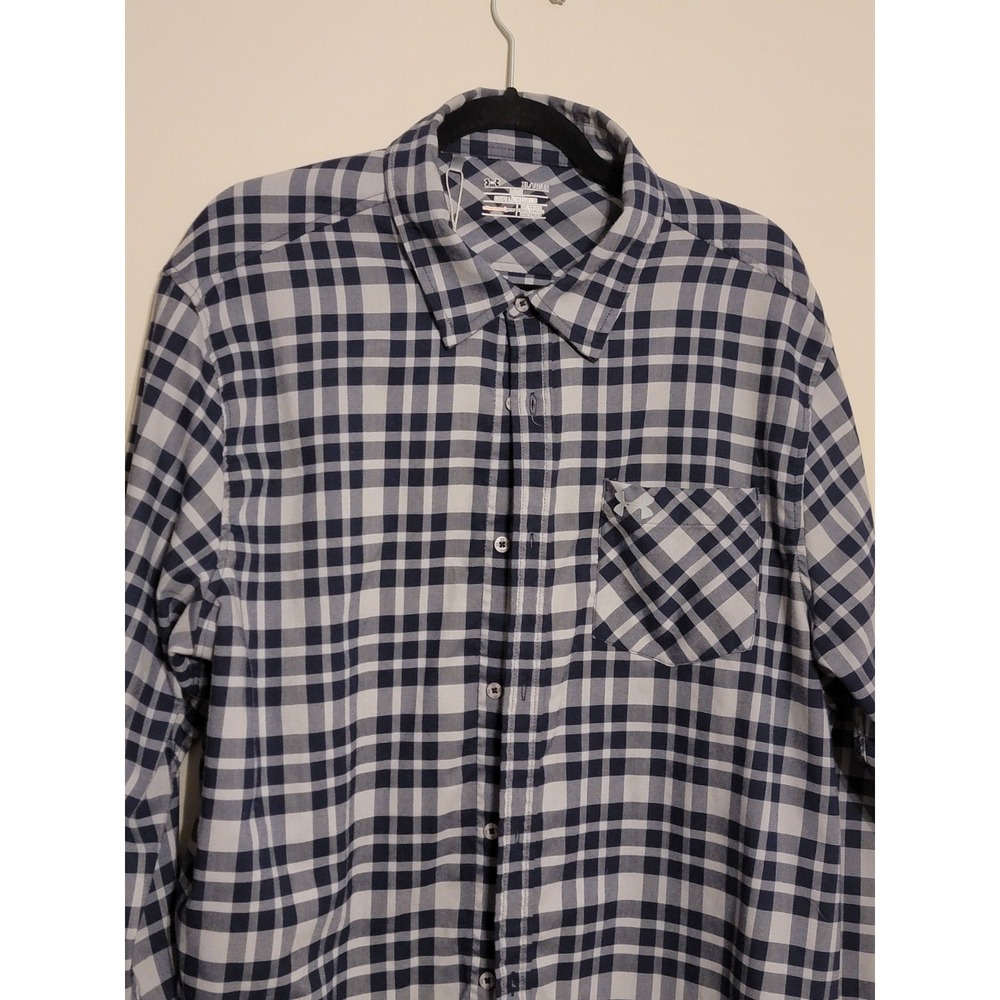 Under Armour NAVY plaid Button Down  Long Sleeve With‎ NAVY LOGO - Picture 2 of 4